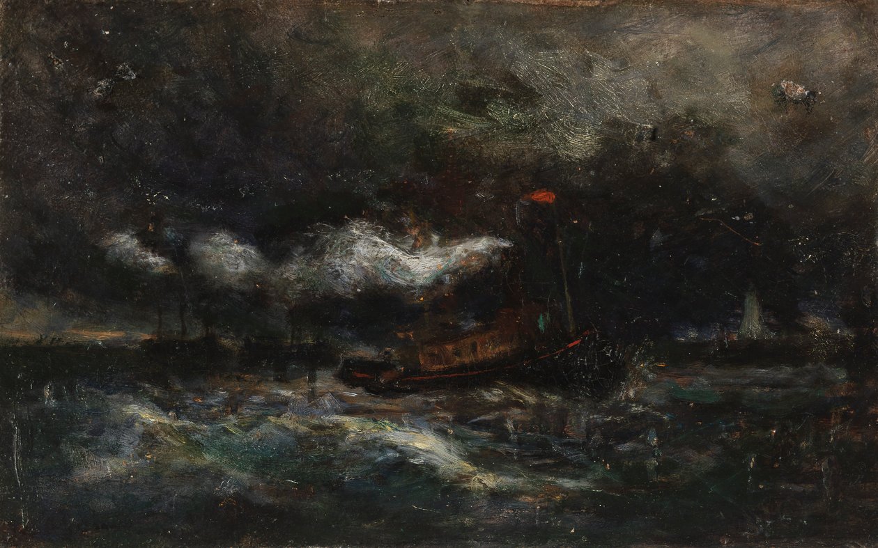 Sturm, Brenton Leuchtfeuerboot im Sturm, Leuchtturm im Hintergrund, n.d. von Edward Mitchell Bannister
