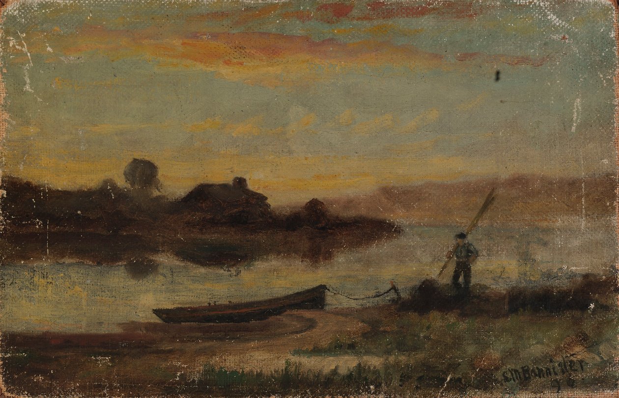 Unbetitelt (Landschaft, Boot am Ufer vertäut mit gehendem Mann) von Edward Mitchell Bannister
