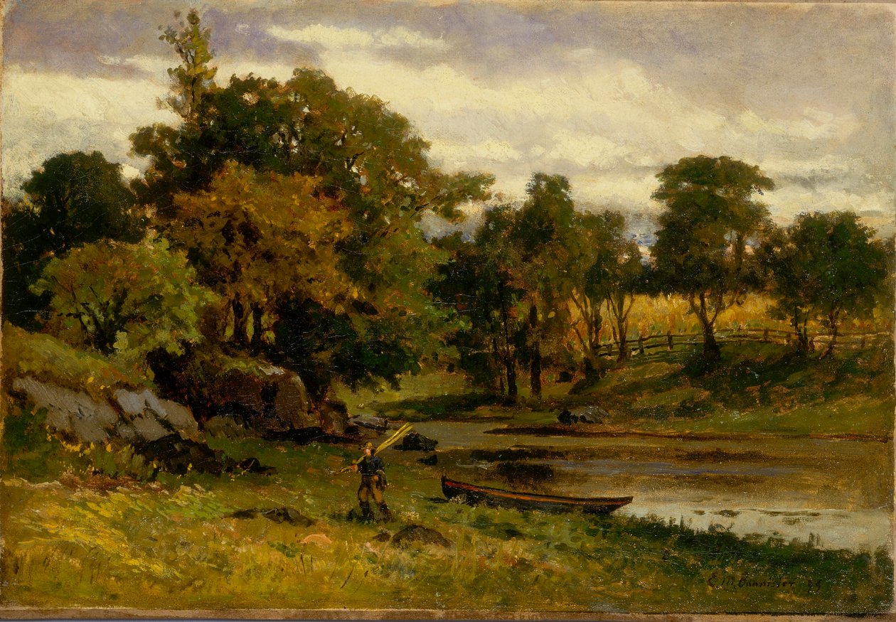 Ohne Titel (Landschaft, Boot am Bachufer, Mann im Vordergrund) von Edward Mitchell Bannister