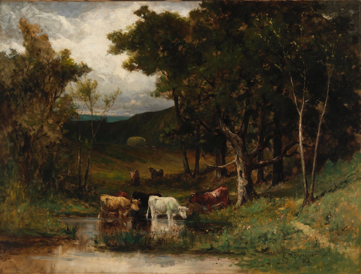 Ohne Titel (Landschaft mit Kühen im Bach nahe Bäumen) von Edward Mitchell Bannister