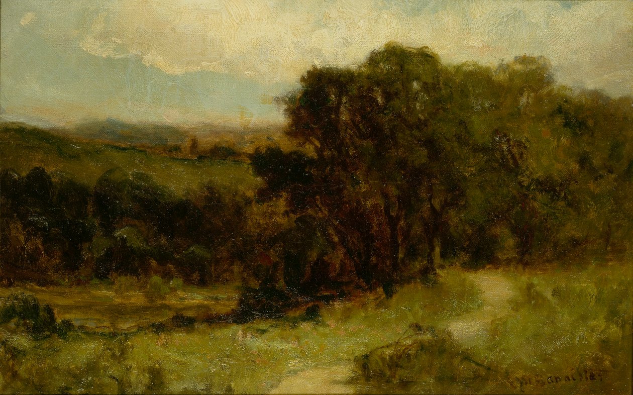 Ohne Titel (Landschaft mit Straße in der Nähe eines Baches und Bäumen) von Edward Mitchell Bannister