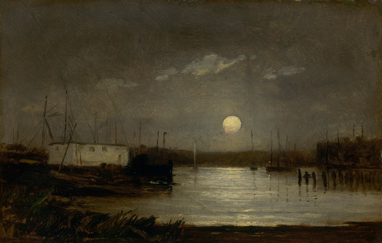 Ohne Titel (Mond über einem Hafen, Hafenszene mit Vollmond und Masten von Booten) von Edward Mitchell Bannister