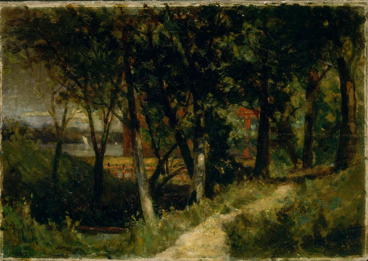 Unbetitelte Landschaft, Waldszene mit rotem Zaun und Gebäude, 1893 von Edward Mitchell Bannister