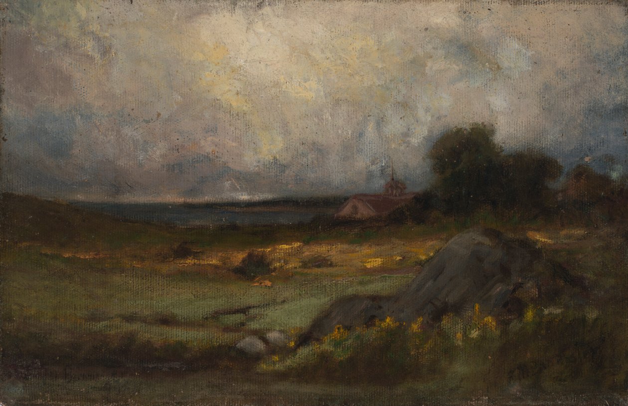 Unbetitelte Landschaft mit Felsen im Vordergrund und Dach mit Turm, See im Hintergrund, n.d. von Edward Mitchell Bannister