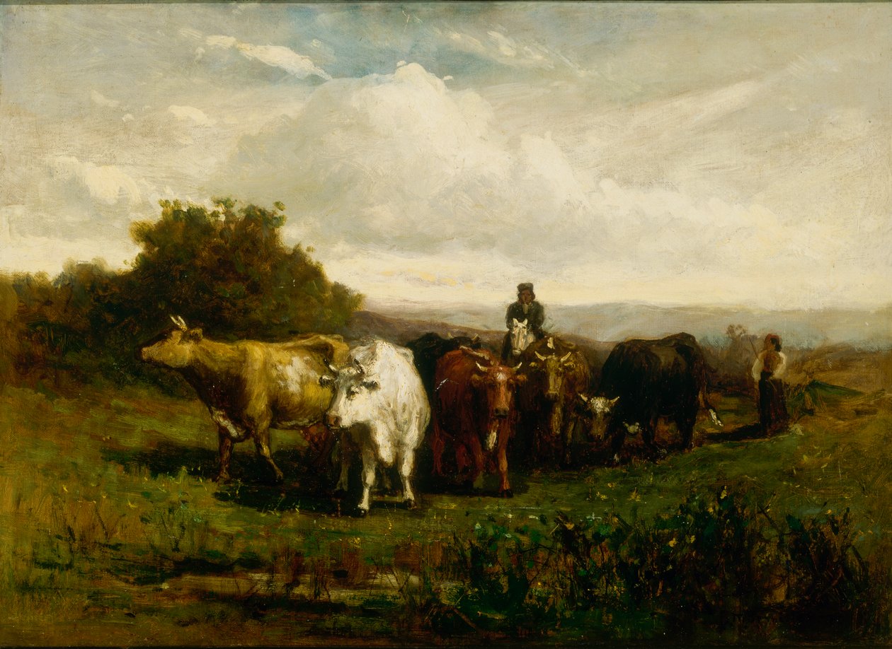 Unbetitelt Mann zu Pferd, Frau zu Fuß treibt Vieh von Edward Mitchell Bannister