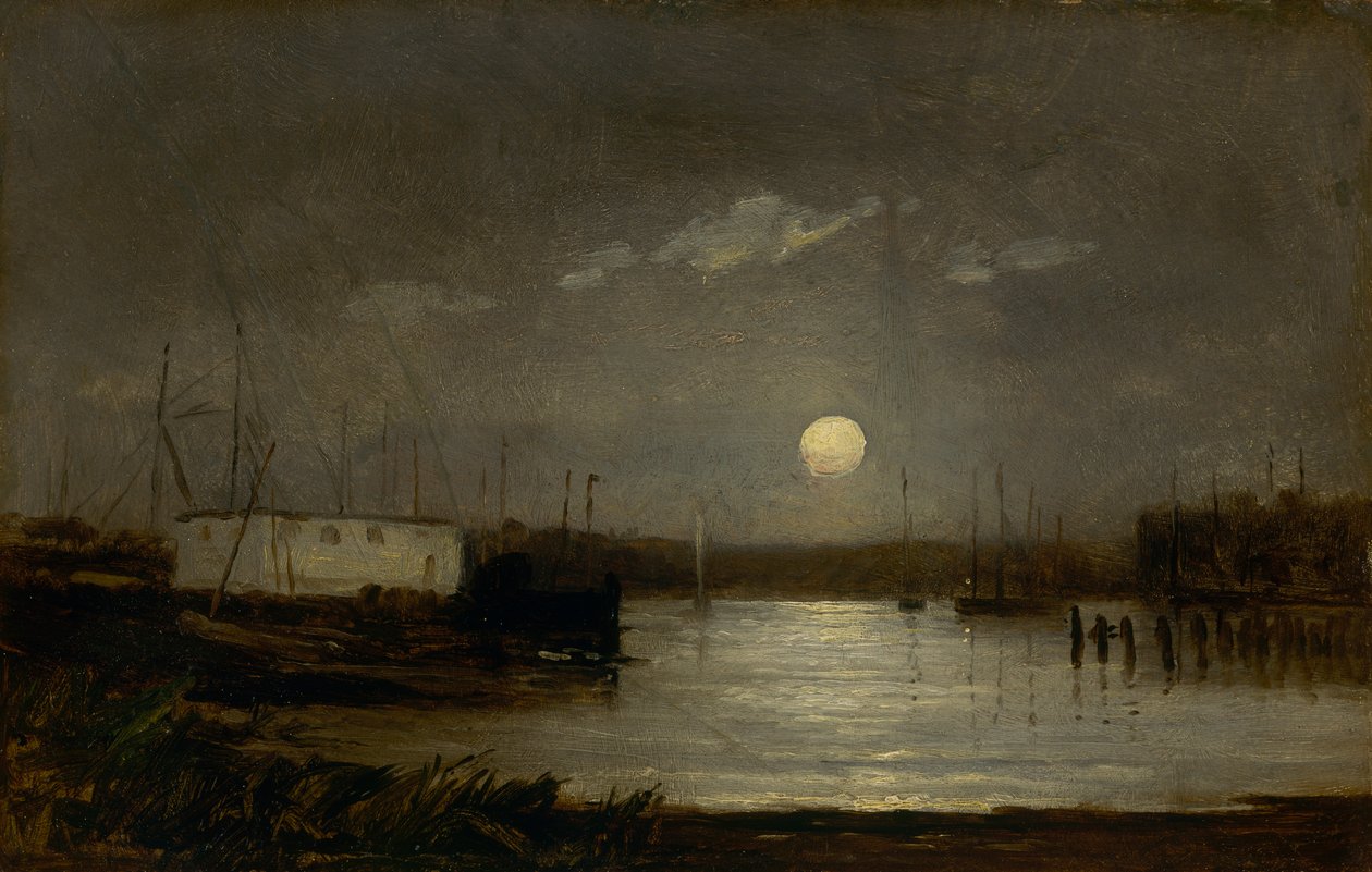 Mond über einem Hafen, Hafenszene mit Vollmond und Bootsmasten, ca. 1868 von Edward Mitchell Bannister