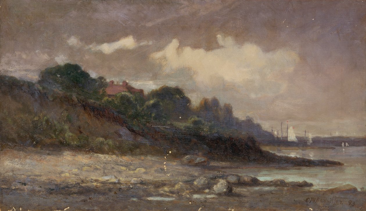 Ohne Titel Küstenlinie mit Segelbooten und Dach von Edward Mitchell Bannister
