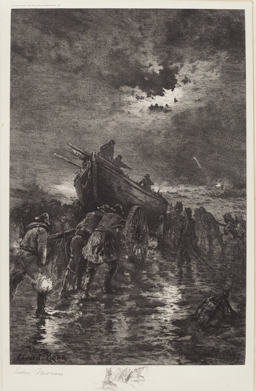 Ohne Titel (Ein Dory zu Wasser lassen / Zur Rettung / Schiffswrack) von Edward Moran