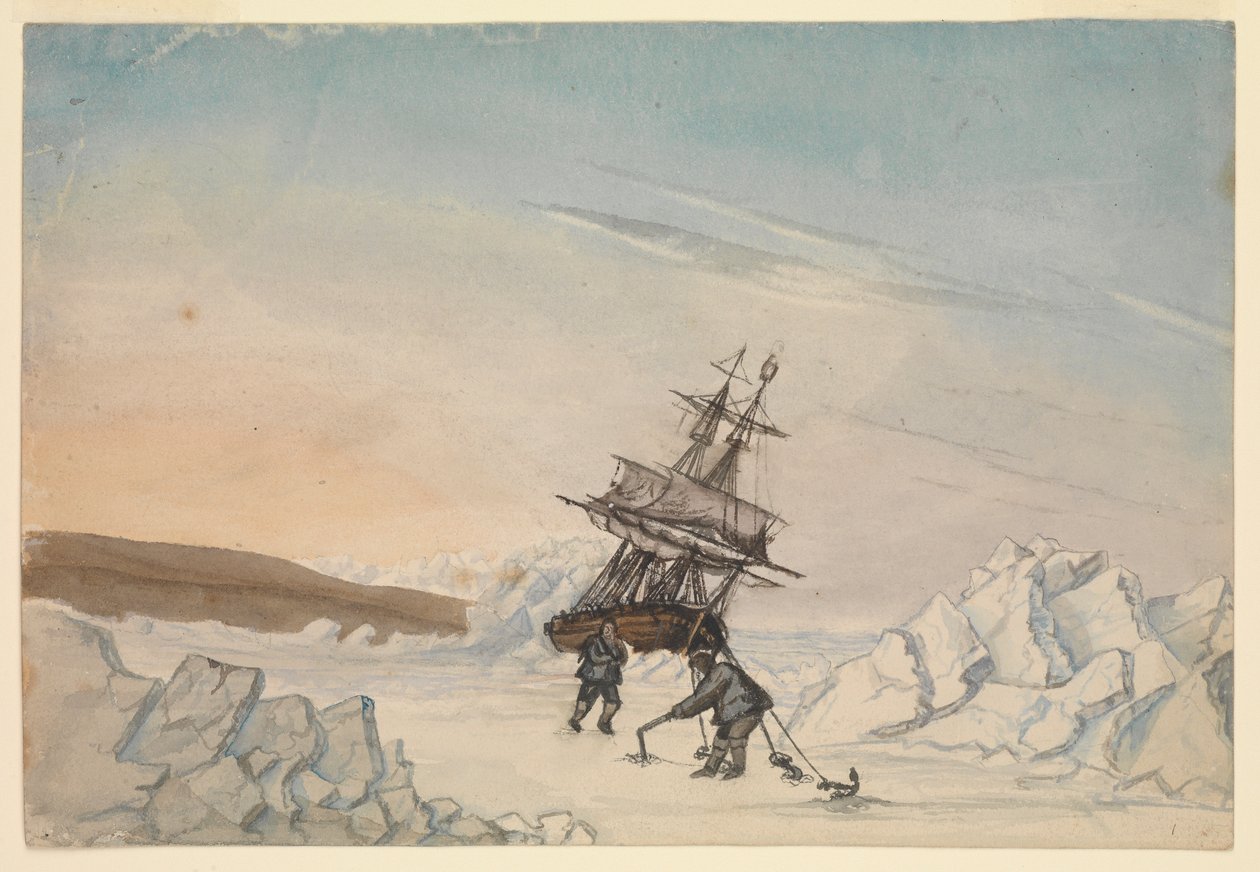 Ein Schiff im Eis stecken geblieben mit zwei Besatzungsmitgliedern, die das Schiff mit vier Befestigungen im Eis verankern von Edward Newell Harrison