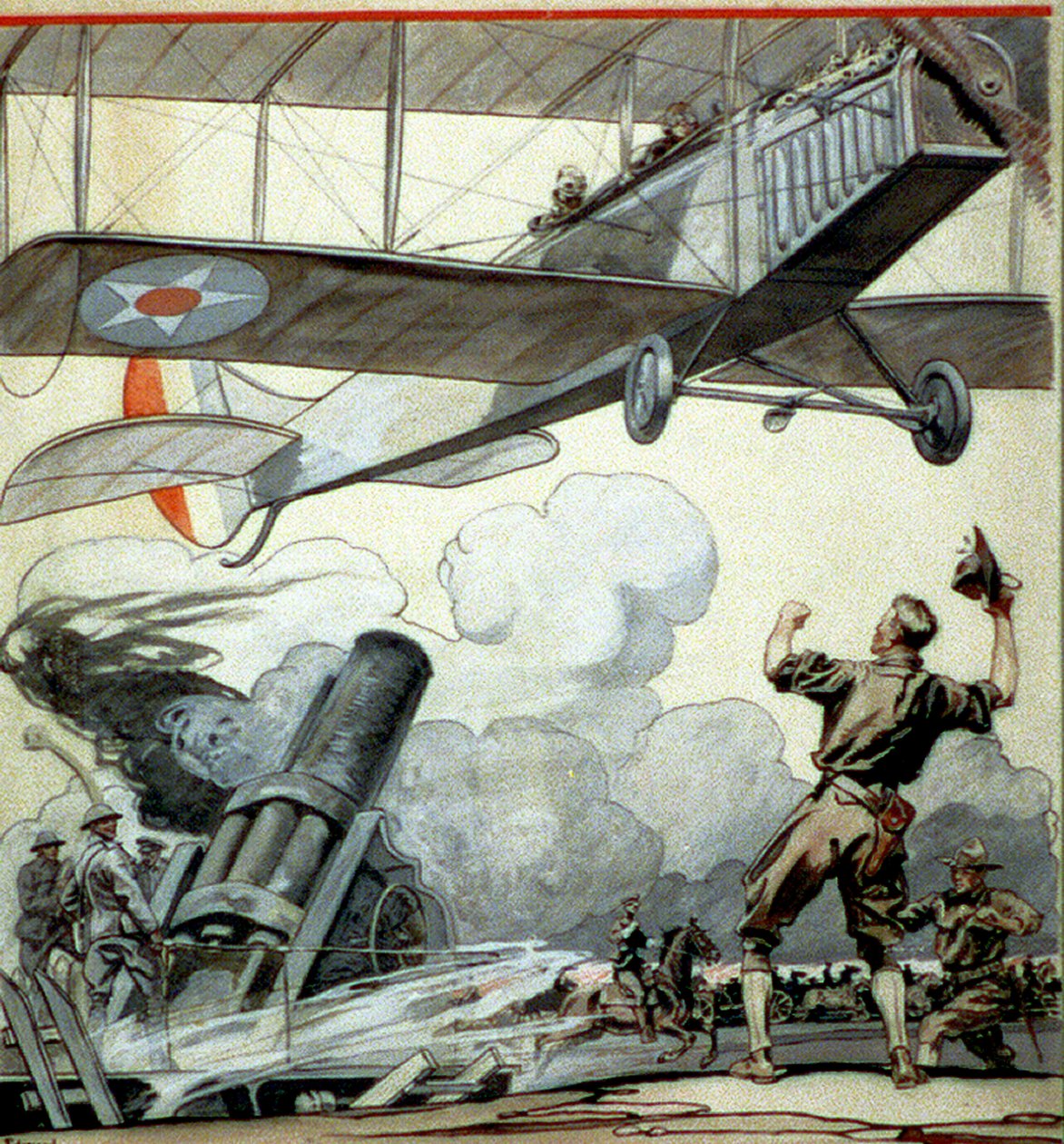 Flugzeug, Artilleriegeschütz und Soldaten von Edward Penfield