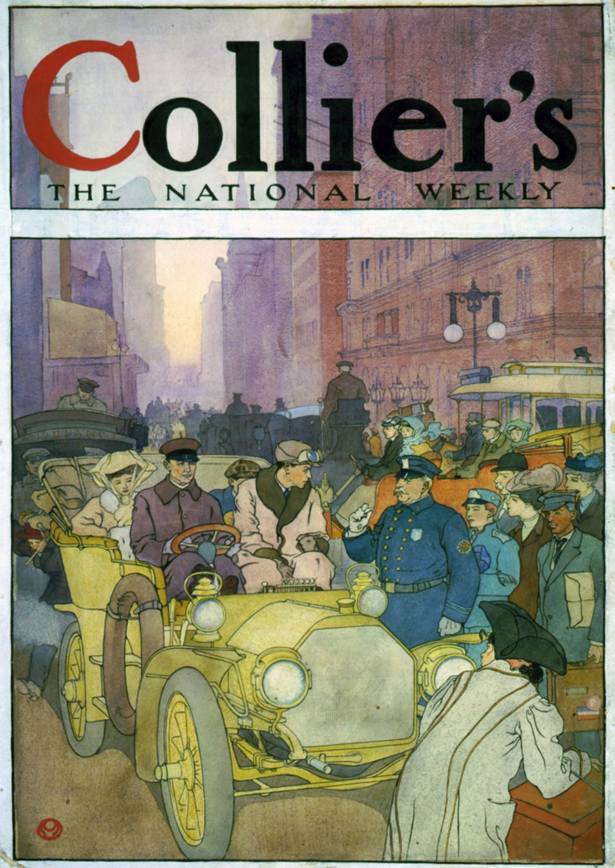Automobil in überfüllter Straße. Aquarell von Edward Penfield von Edward Penfield