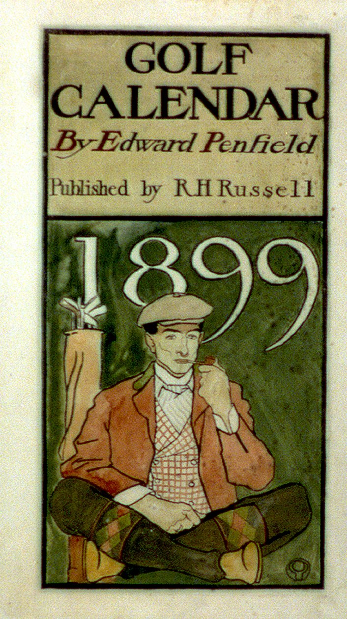 Golfer, der neben Schlägern sitzt, Aquarellzeichnung. (1899?) von Edward Penfield 1866-1925, amerikanischer Künstler. von Edward Penfield