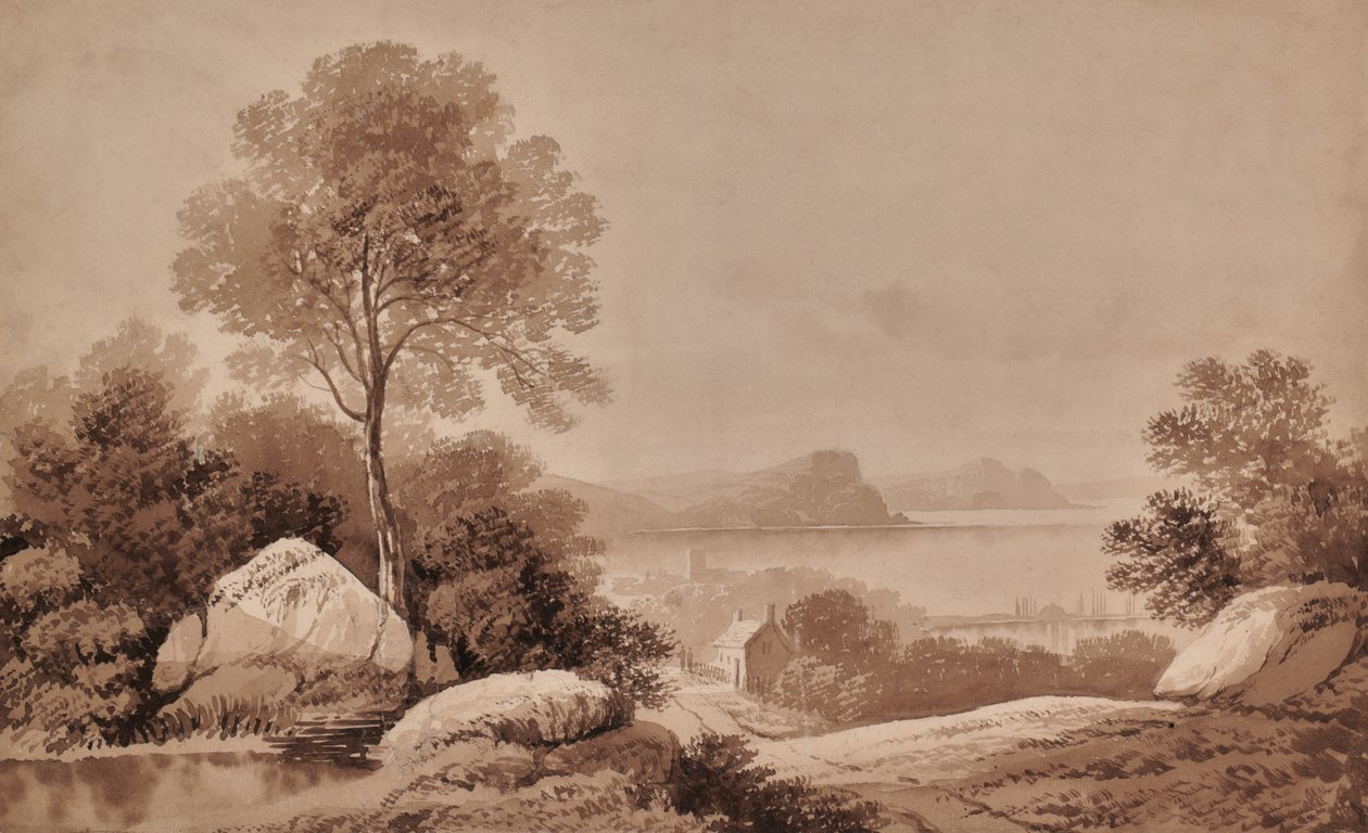 Landschaft mit See und Hütte von Edward Pretty