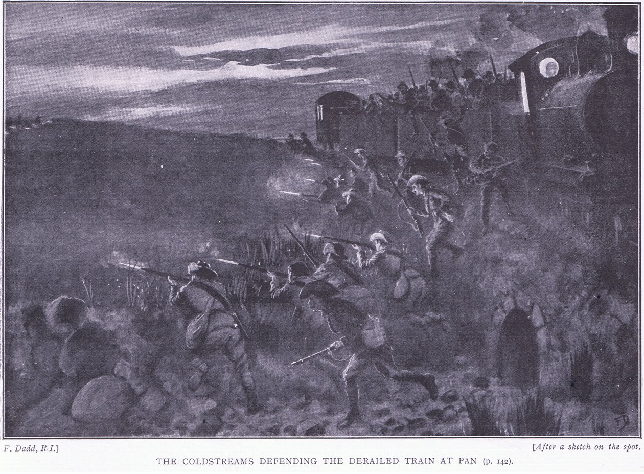 Die Coldstreams verteidigen einen entgleisten Zug, Illustration aus After Pretoria: The Guerilla War, 1902 von Edward Read
