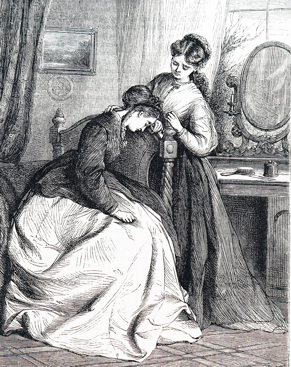 Eine ältere Schwester tröstet ihre jüngere Schwester von Edward Robert Hughes