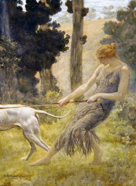 Frau geht mit ihrem Hund spazieren von Edward Robert Hughes