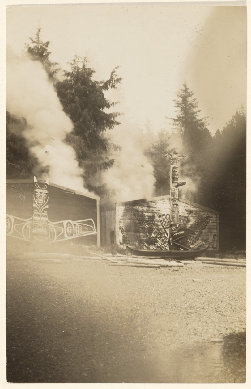 Als die grellen Flammen höher stiegen, malten sie das Meer, das am Fuße eines gespenstischen Waldes leckte, scharlachrot von Edward S. Curtis