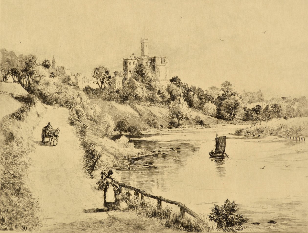 Der Coquet: Warkworth Castle von der Straße nach Amble, ca. 1880 (Radierung) von Edward Slocombe