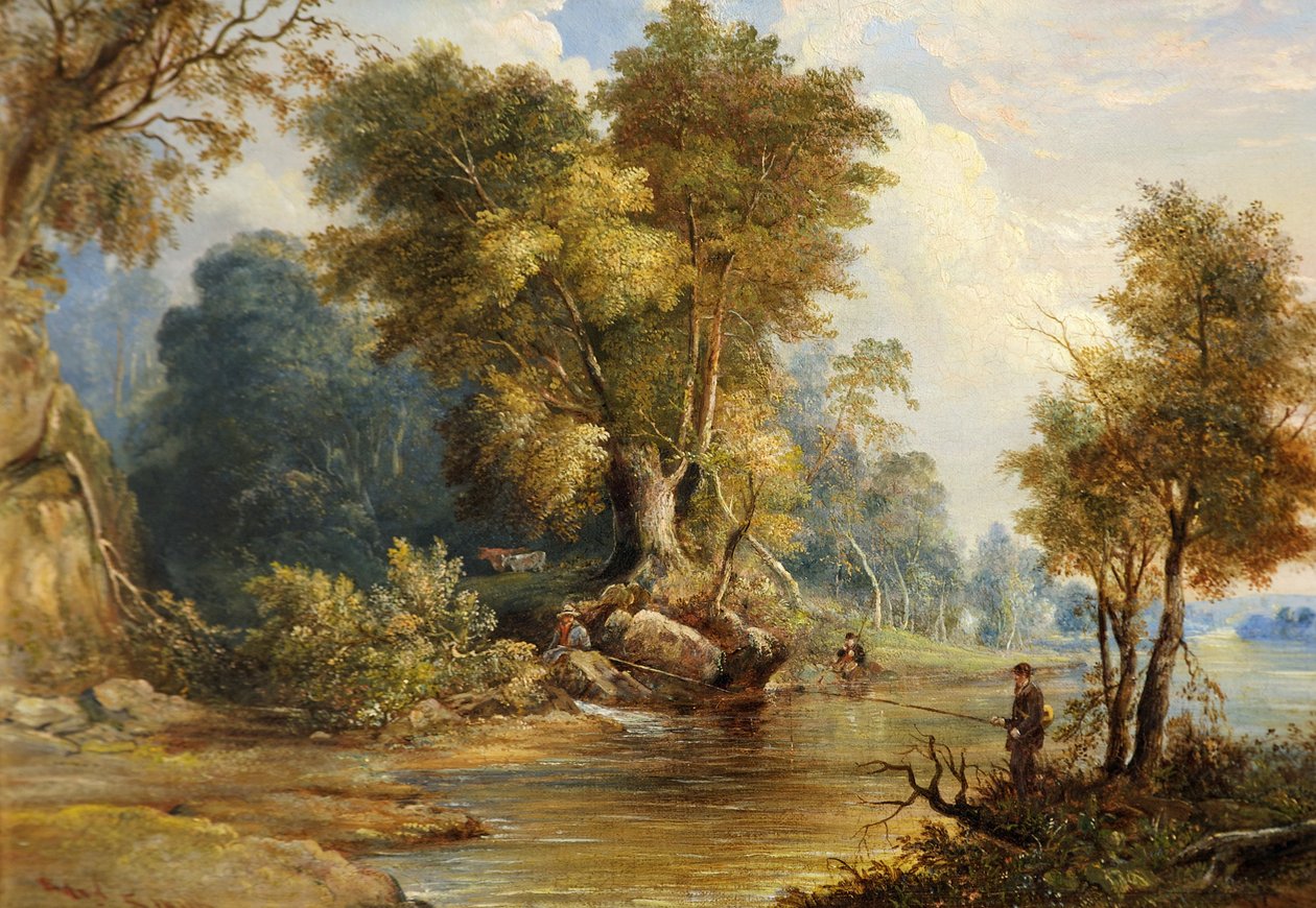 Flusslandschaft mit Anglern, der Leadon, Gloucestershire, um 1880 von Edward Smith