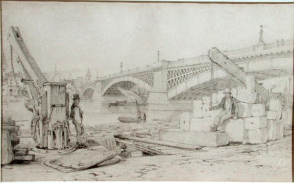 Ansicht der Southwark Bridge und der Themse von Bankside, mit zwei Kränen im Vordergrund von Edward William Cooke