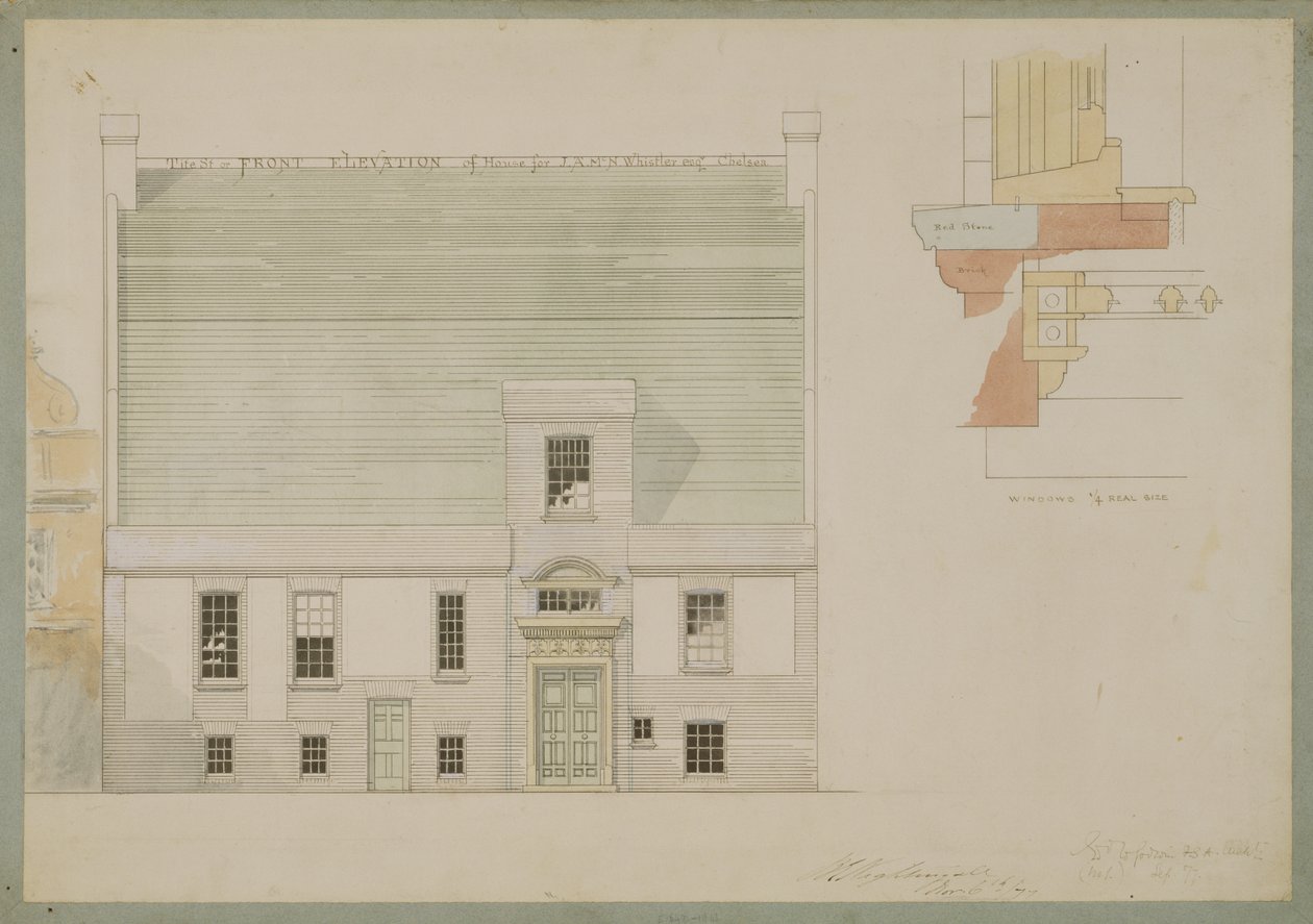 Vorderansicht des Hauses für J.A.M. Whistler Esq, Tite Street, Chelsea, 1877 (Feder und Tinte und Aquarell auf Papier) von Edward William Godwin
