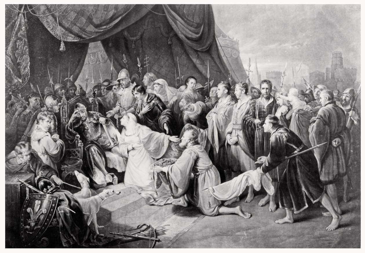 Die Kapitulation von Calais, 4. August 1347, graviert von John Young von Edward after Bird