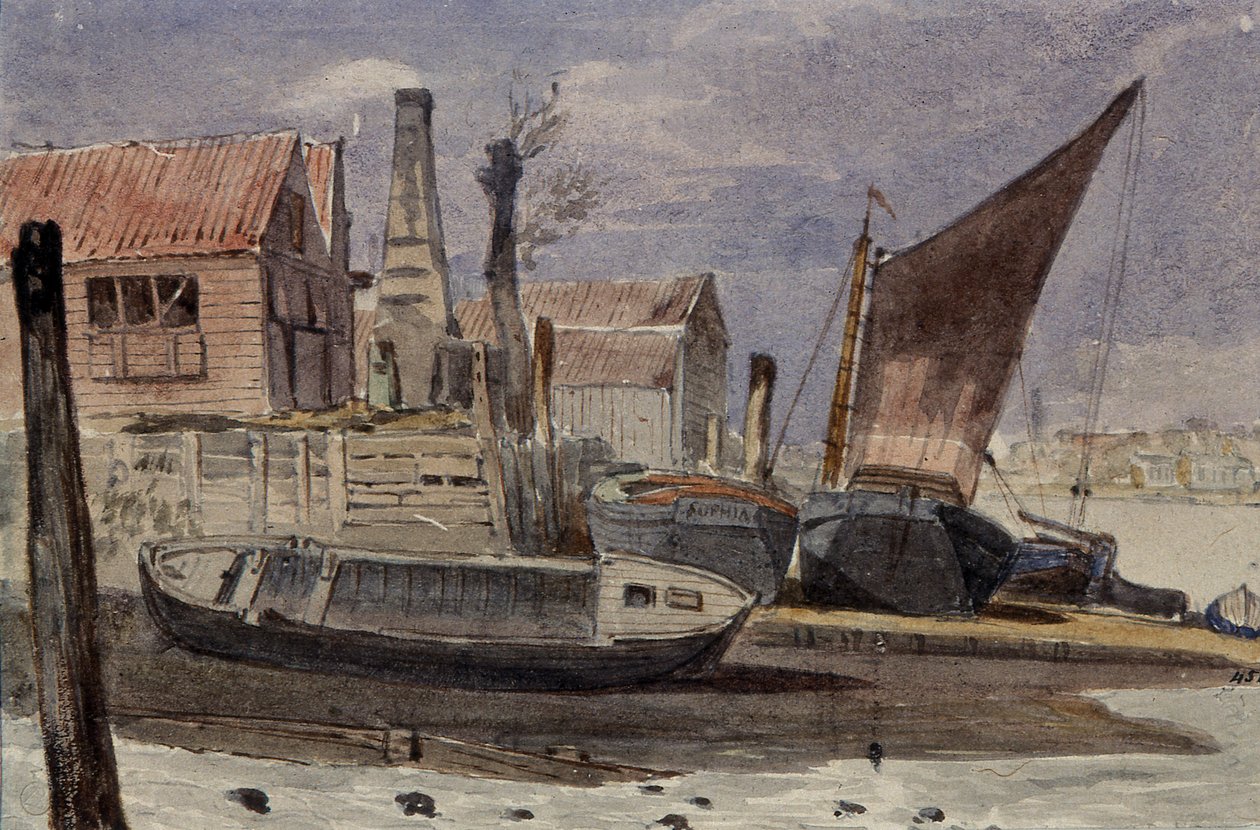 Battersea, das Flussufer mit Booten von Edward attr. to Bragg