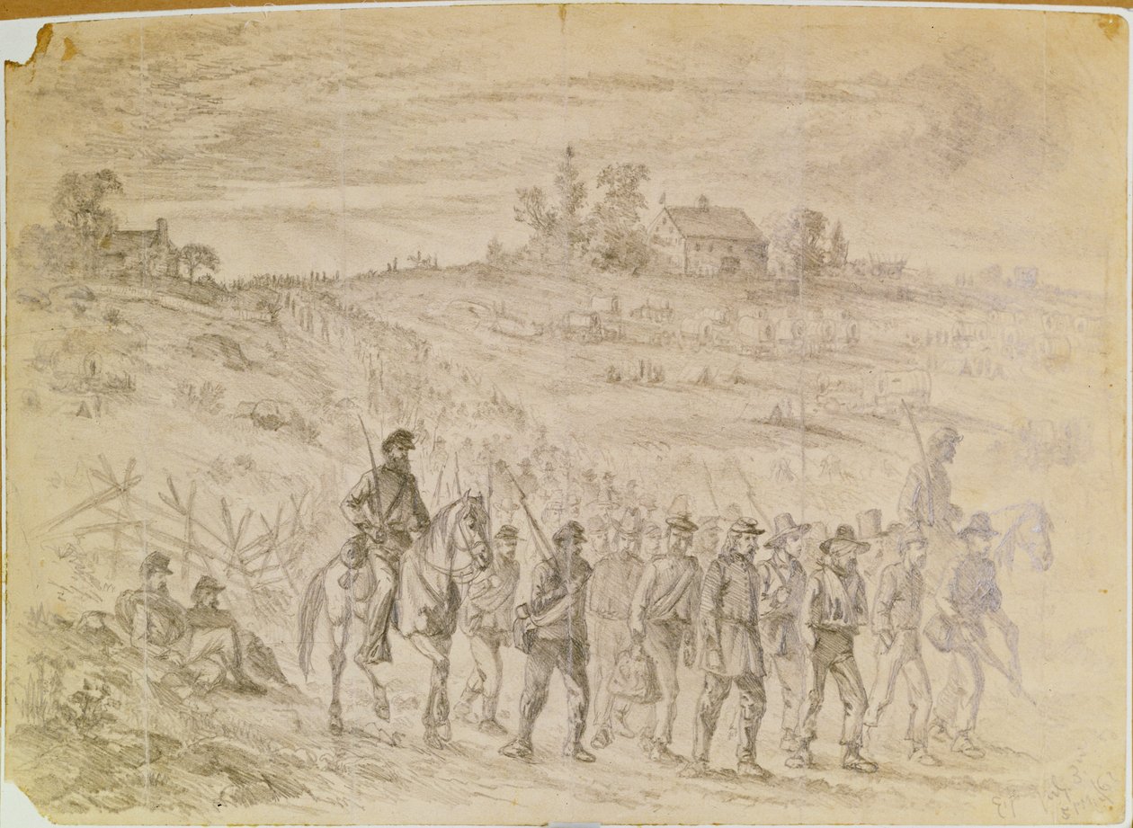 Die Schlacht von Gettysburg: Gefangene aus General Langstreets Korps, die von Unionstruppen unter Bewachung nach hinten marschieren von Edwin Austin Forbes