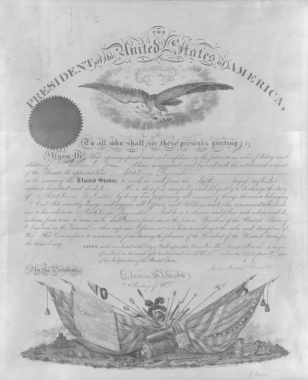 Ernennt Jones zum zusätzlichen Zahlmeister im Dienst der Vereinigten Staaten von Edwin M. Stanton