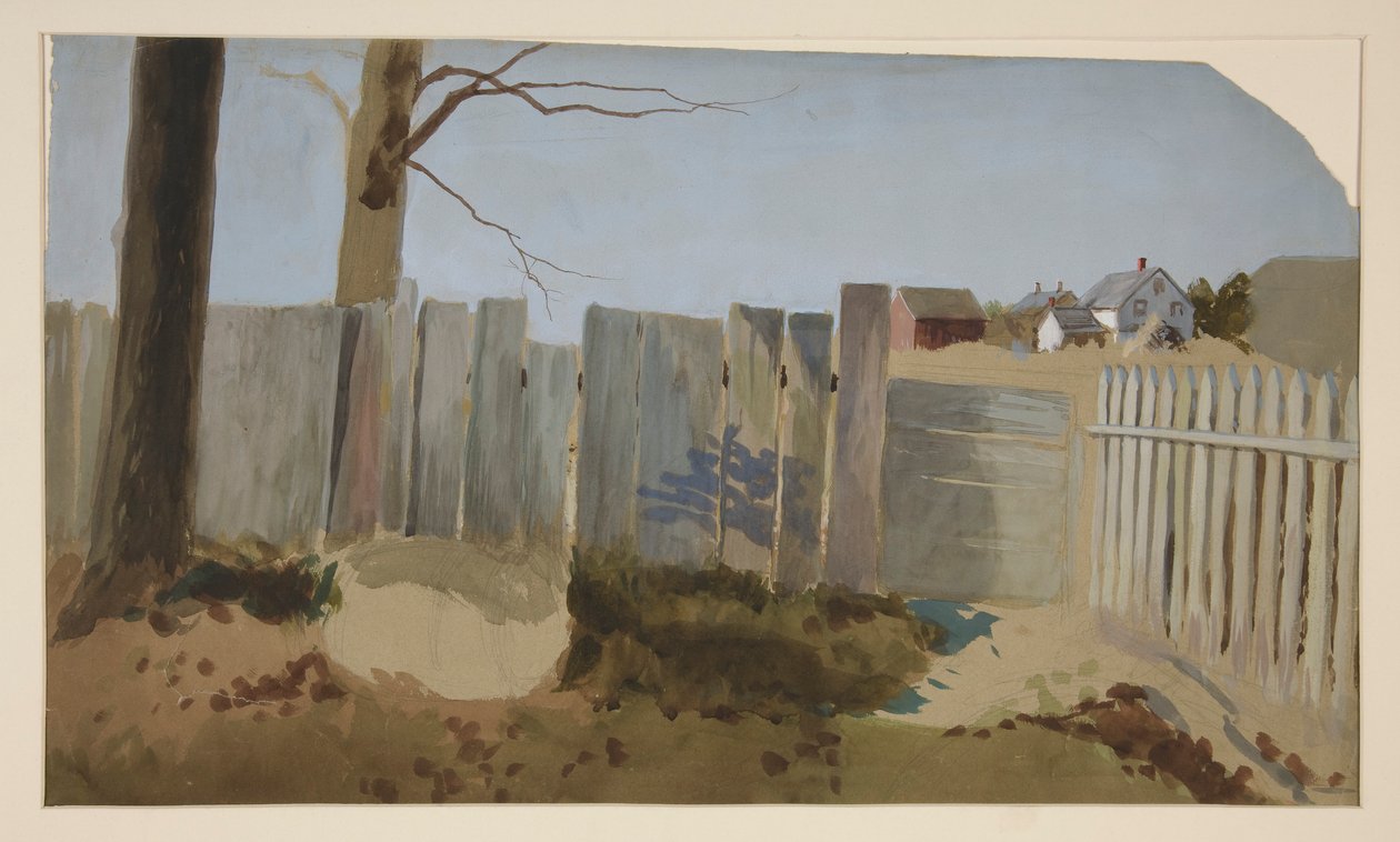 Landschaftsszene: Zaun, Feld, Bauernhaus in der Ferne von Edwin Austin Abbey