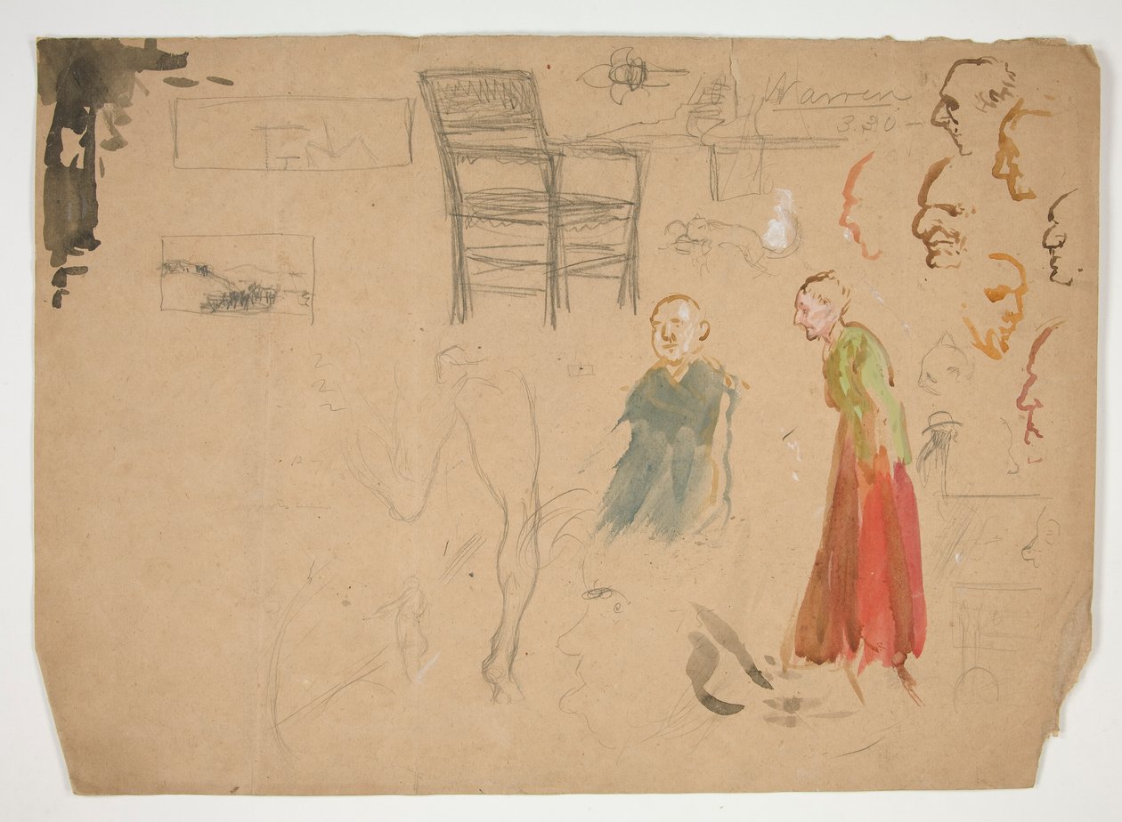 Kopf- und Figurenstudien, und Studie eines Stuhls (recto); Skizzen für Buchillustrationen (verso) von Edwin Austin Abbey
