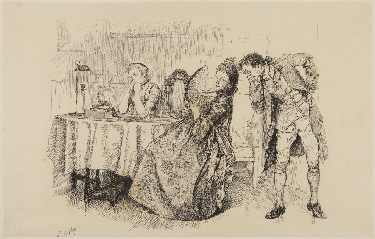 Illustration zu Goldsmiths "She Stoops to Conquer": "Warum sagst du es ihr nicht gleich?" von Edwin Austin Abbey
