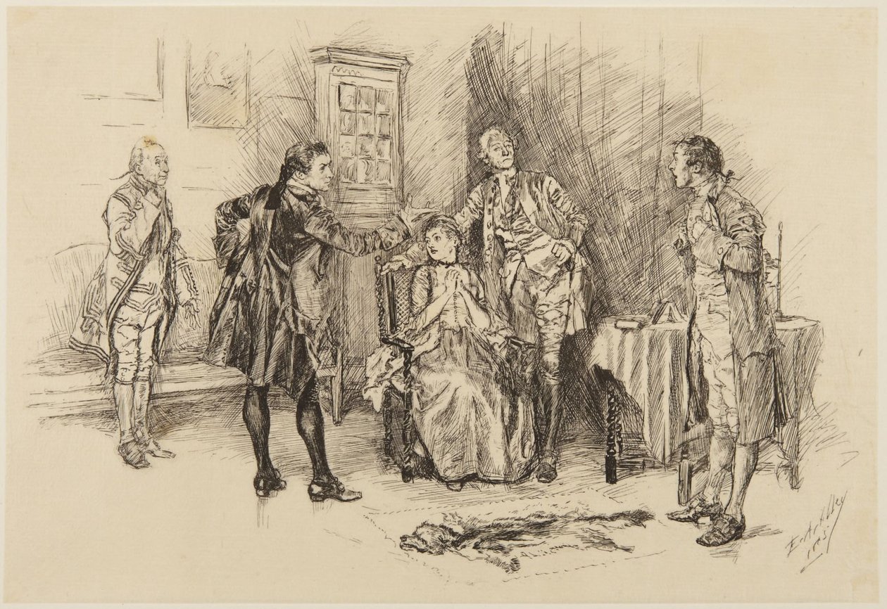 Illustration für Goldsmiths She Stoops to Conquer: "War es gut gemacht, Sir, mich lächerlich zu machen?" von Edwin Austin Abbey