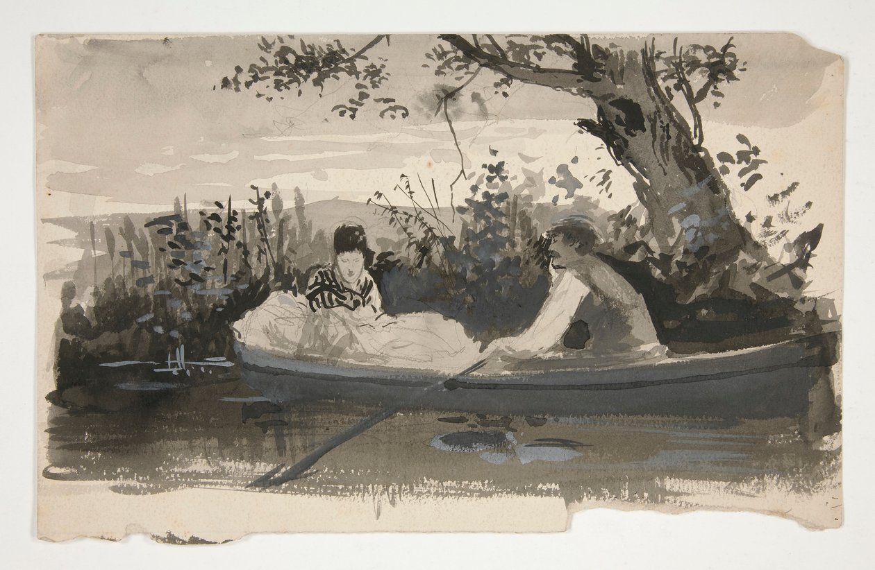 Mann und Frau im Ruderboot, nahe dem Flussufer - nicht identifizierte Illustration von Edwin Austin Abbey