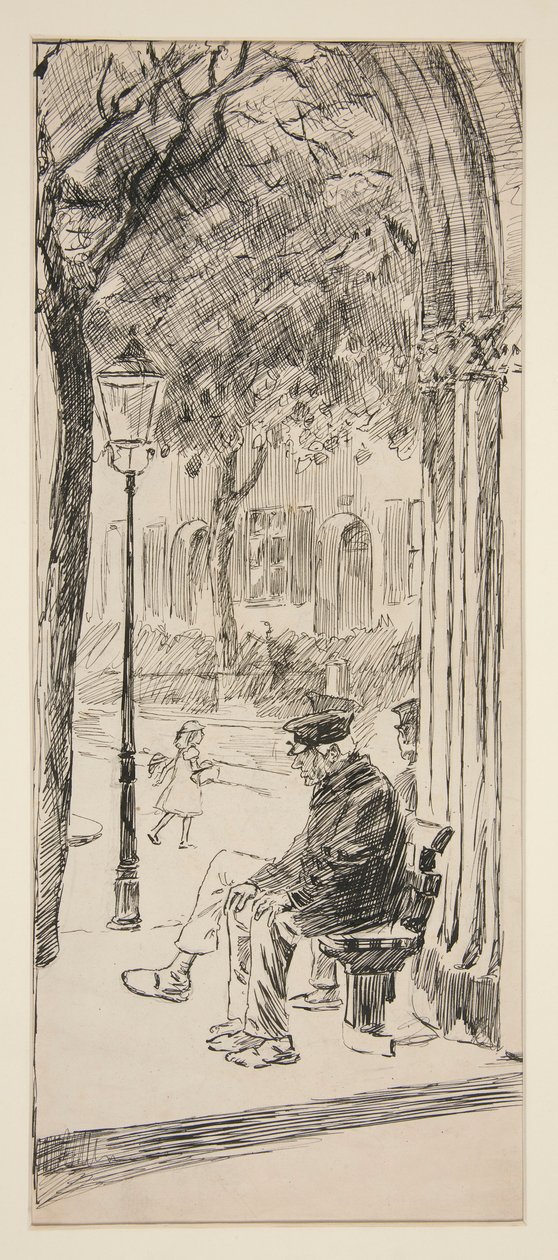 Mann auf Parkbank - nicht identifizierte Illustration von Edwin Austin Abbey