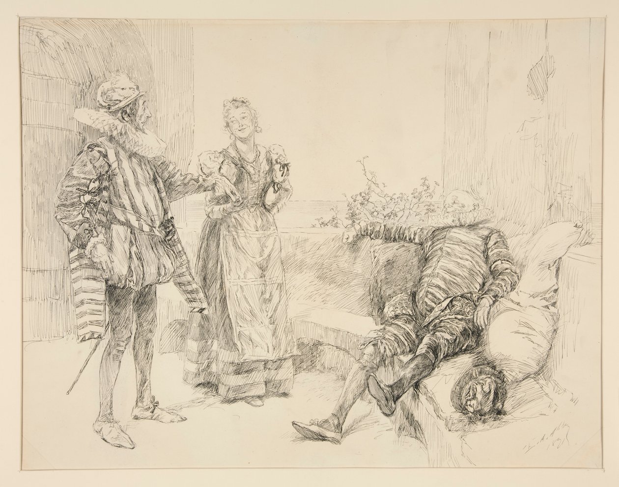 Maria, Sir Andrew und Toby, Illustration für Akt I, Szene iii, Was ihr wollt von Edwin Austin Abbey