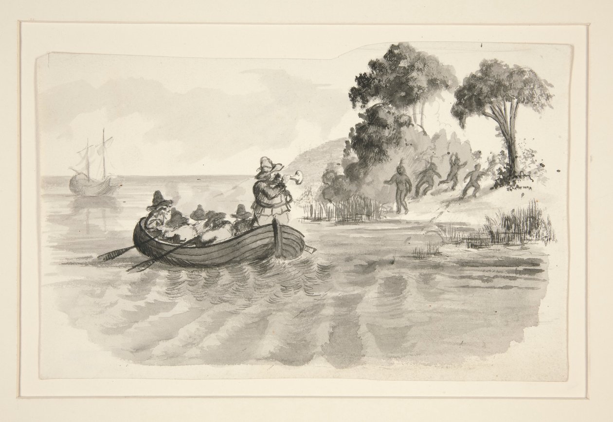 Männer in einem Ruderboot fliehen vor Indianern am Ufer - nicht identifizierte Illustration (Kolumbus entdeckt die Neue Welt?) - Entdecker landen in der Neuen Welt von Edwin Austin Abbey