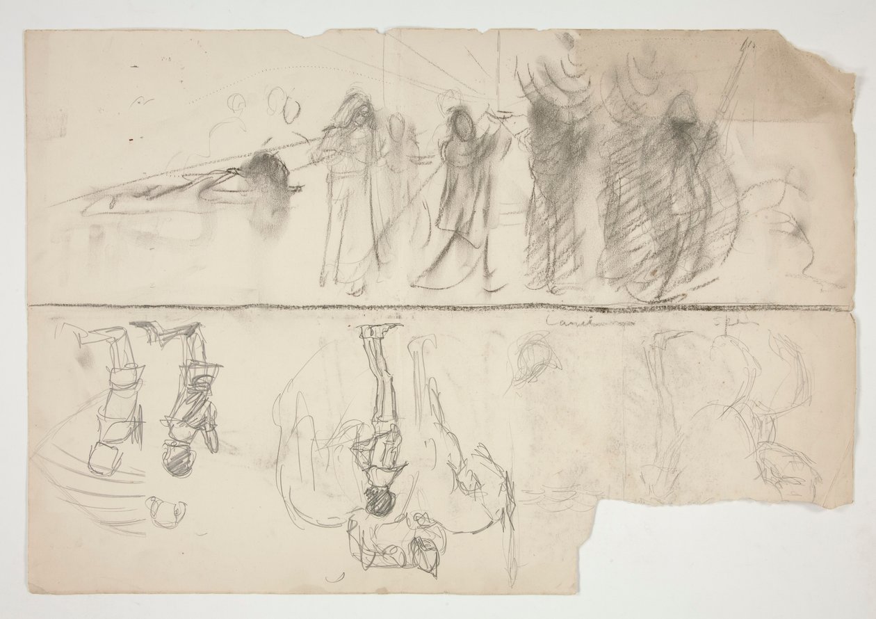 Blatt mit Skizzen für die Wandbildserie Die Suche nach dem Heiligen Gral in der Boston Public Library (recto); Unidentifizierte Skizze (verso) von Edwin Austin Abbey