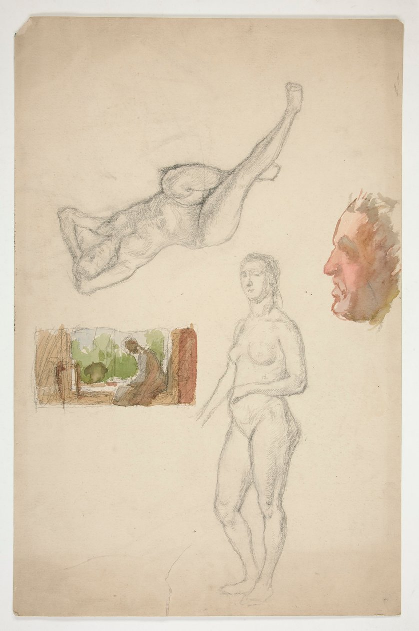 Blatt mit Skizzen: zwei nackte Frauen, Profil eines Mannes, Figur in einem Innenraum sitzend von Edwin Austin Abbey