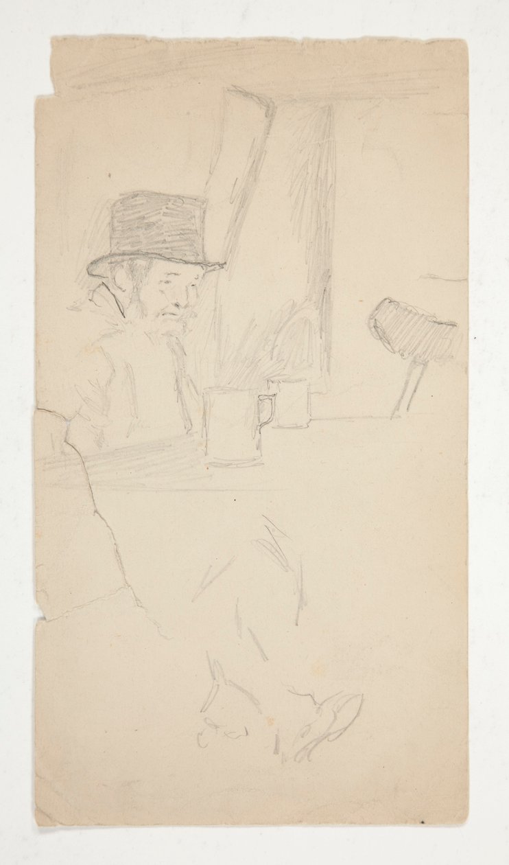 Skizze eines verkrüppelten Mannes, der an einem Tisch in einer Bar sitzt von Edwin Austin Abbey