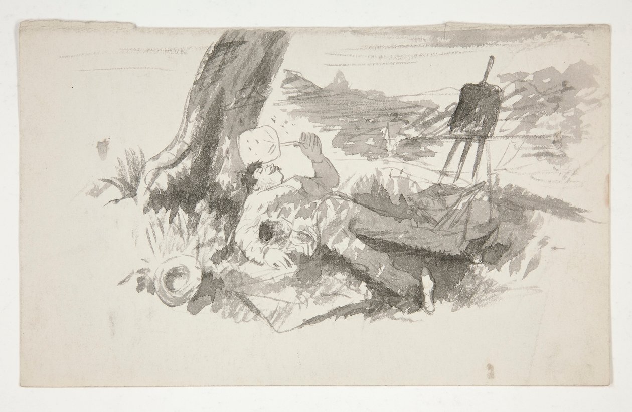 Skizze eines Freiluftmalers, der unter einem Baum ein Nickerchen macht - nicht identifizierte Illustration von Edwin Austin Abbey