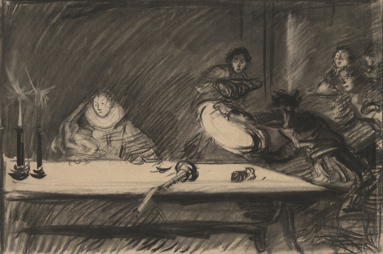 Studie für Petruchio kippt den Teller um - Akt IV, Szene I, Der Widerspenstigen Zähmung von Edwin Austin Abbey