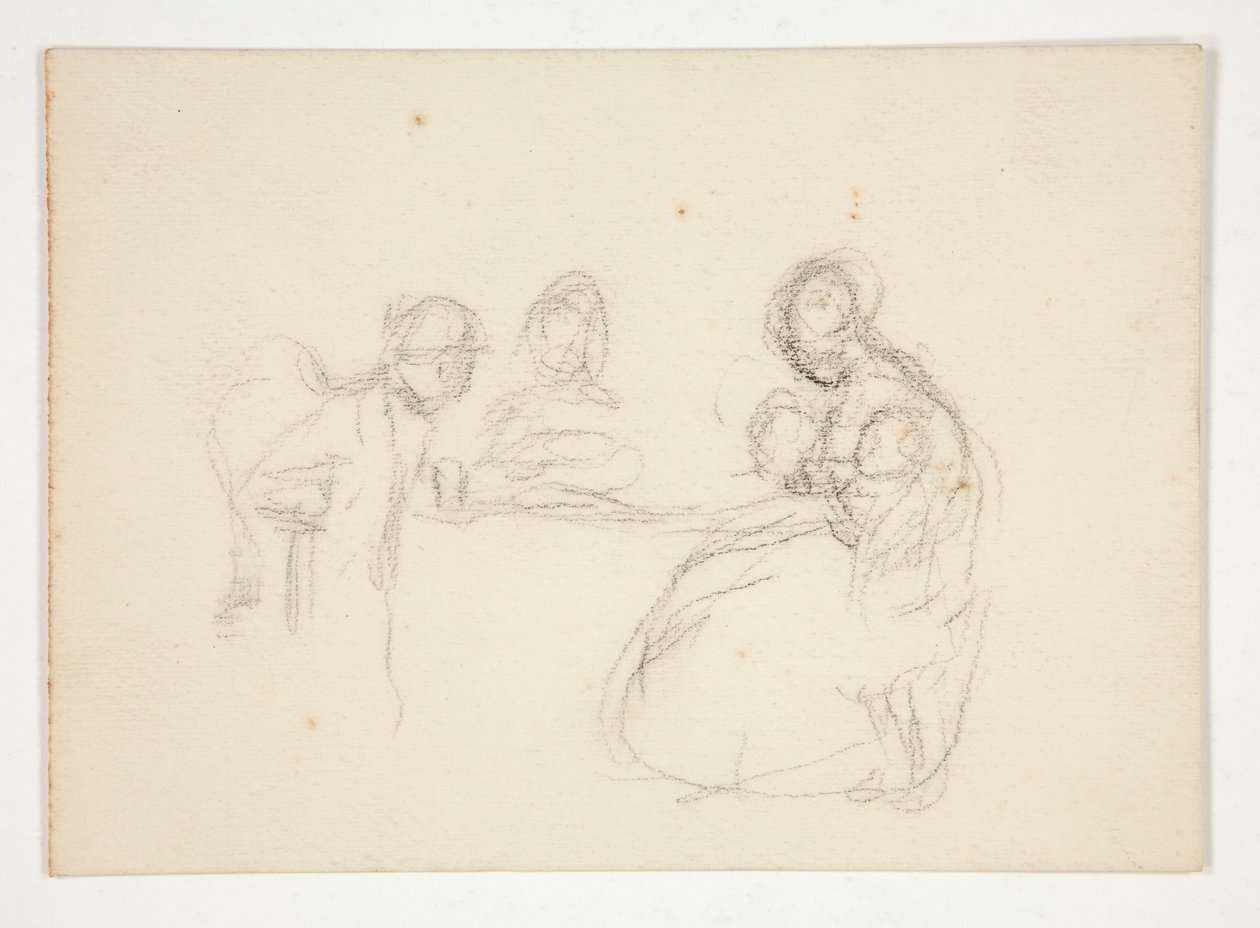 Unidentifizierte Illustration - Studie von Figuren an einem Tisch. Sitzender Mann auf der Rückseite. von Edwin Austin Abbey