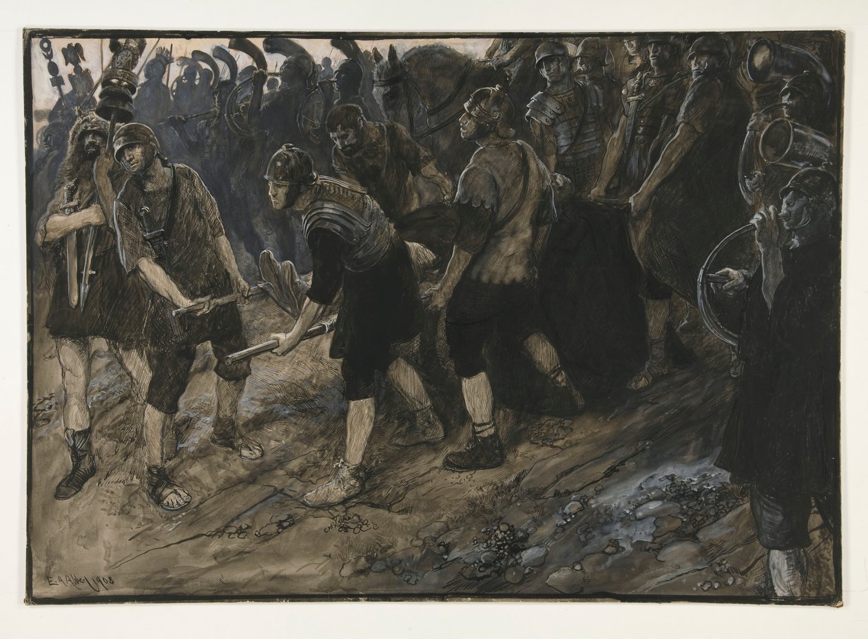 Ventidius tritt triumphierend ein, die Leiche von Pacorus vor ihm getragen, Akt III, Szene I, Antonius und Cleopatra von Edwin Austin Abbey