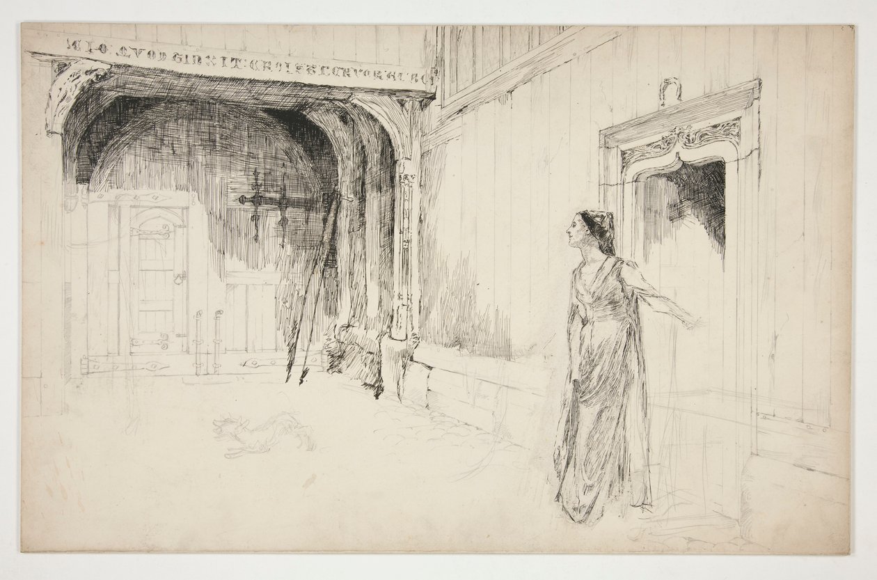 Frau und Hund in einem Innenraum (unidentifizierte Illustration für ein Stück?) von Edwin Austin Abbey