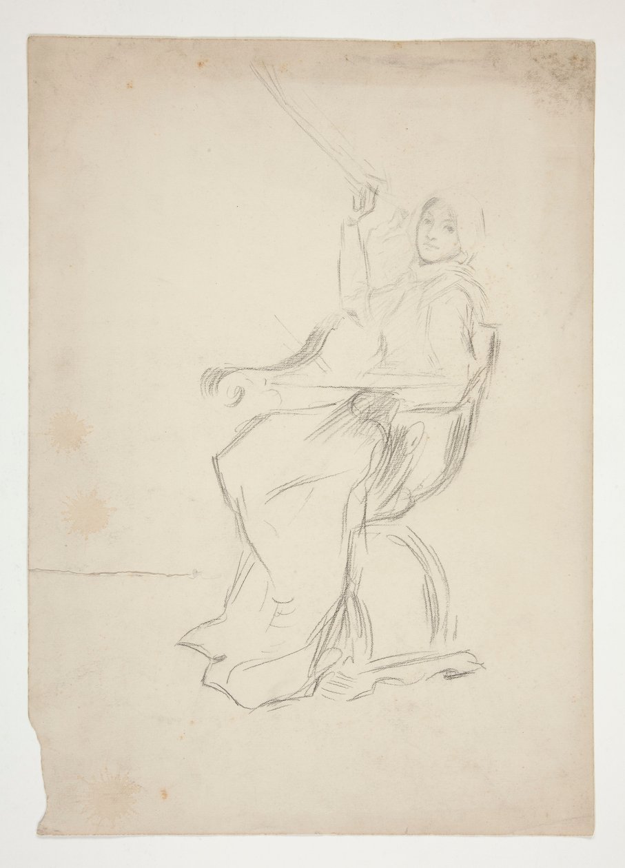 Frau sitzt auf einem Stuhl (recto); Zwei nicht identifizierte architektonische Skizzen (verso) von Edwin Austin Abbey