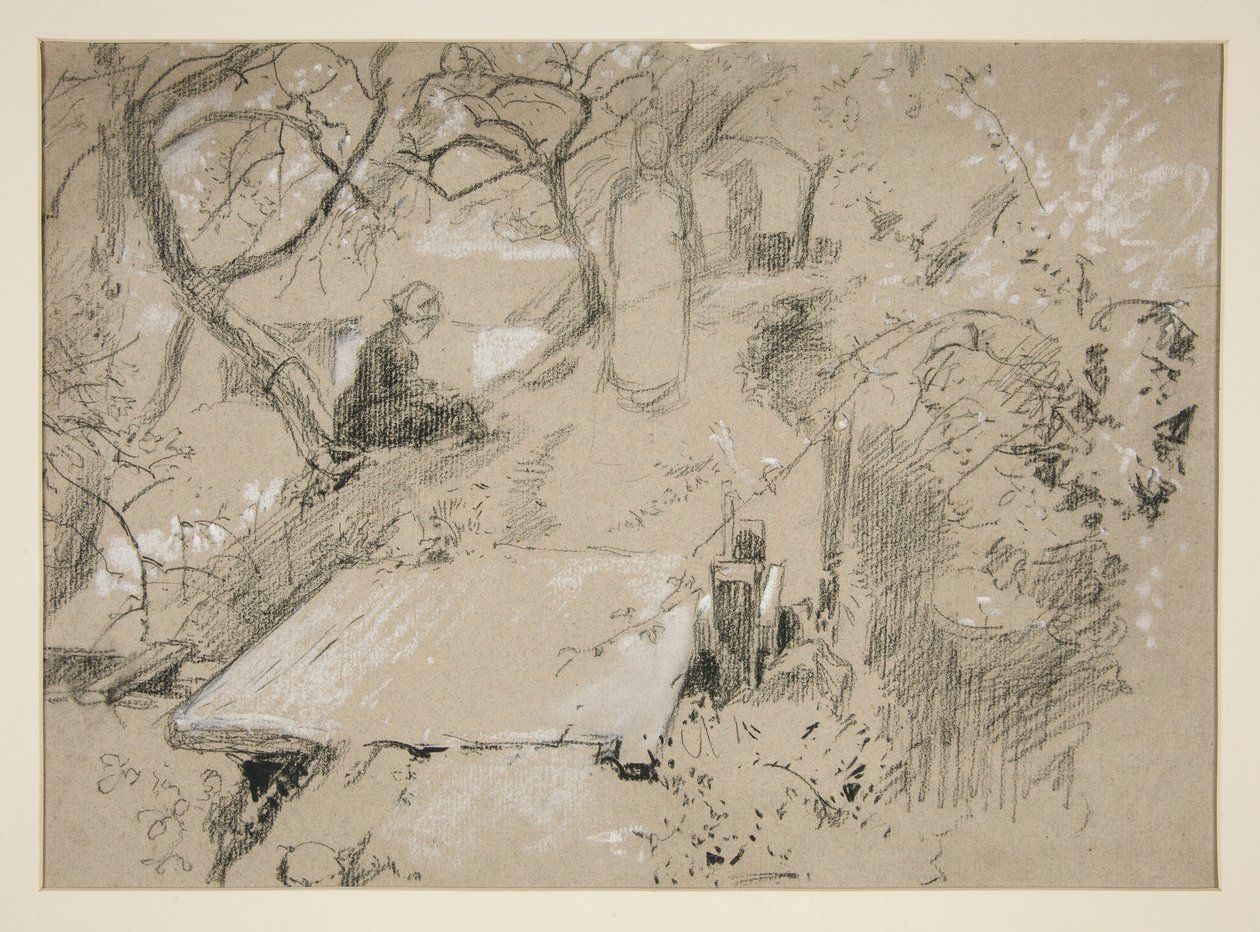 Frau sitzt auf einer Bank in einem Garten oder öffentlichen Park - nicht identifizierte Illustration von Edwin Austin Abbey