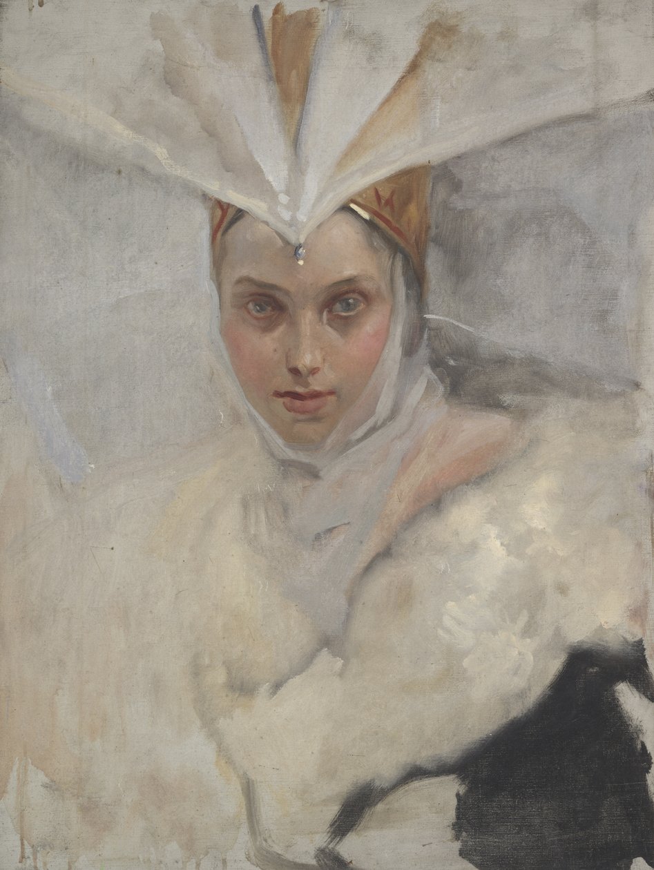 Frau mit Fischadler-Kopfschmuck und weißem Pelzkragen von Edwin Austin Abbey