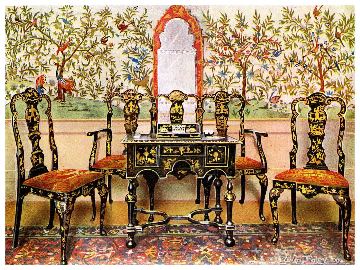 Schwarzes Lacksofa, Stühle und Tisch und roter Lackspiegel, 1910 von Edwin Foley