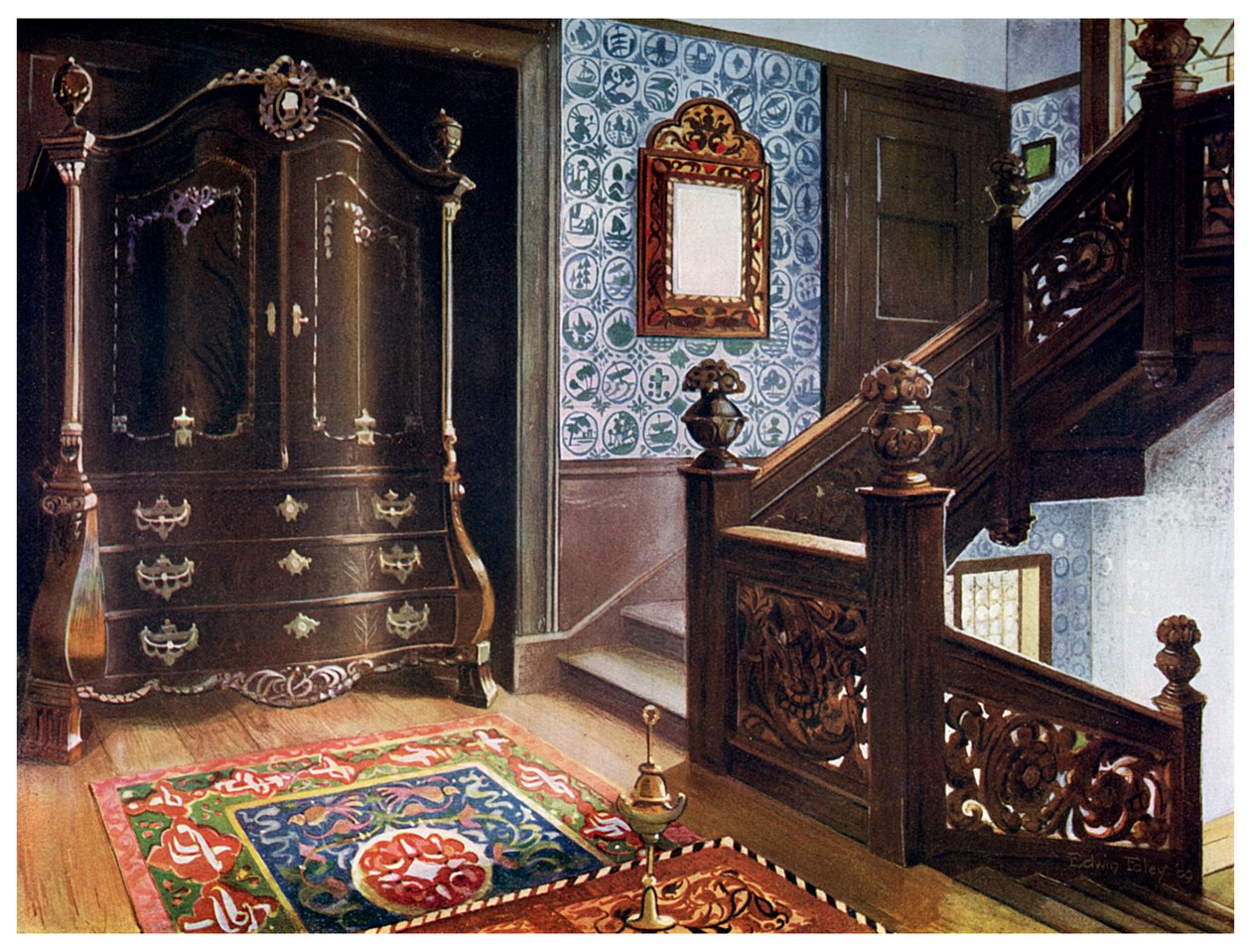 Geschnitzter Walnuss-Bombe-Armoire mit gejagten Beschlägen, 1910 von Edwin Foley